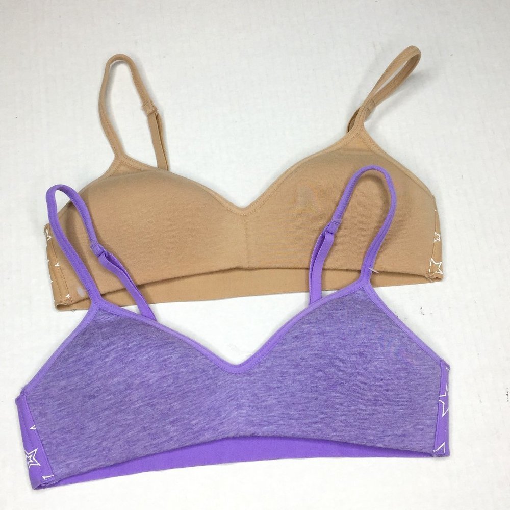 Hanes NWOT Small training bras in purple and tan.
